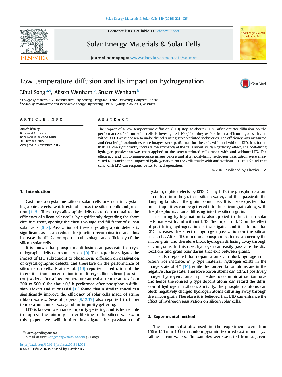 Low temperature diffusion and its impact on hydrogenation