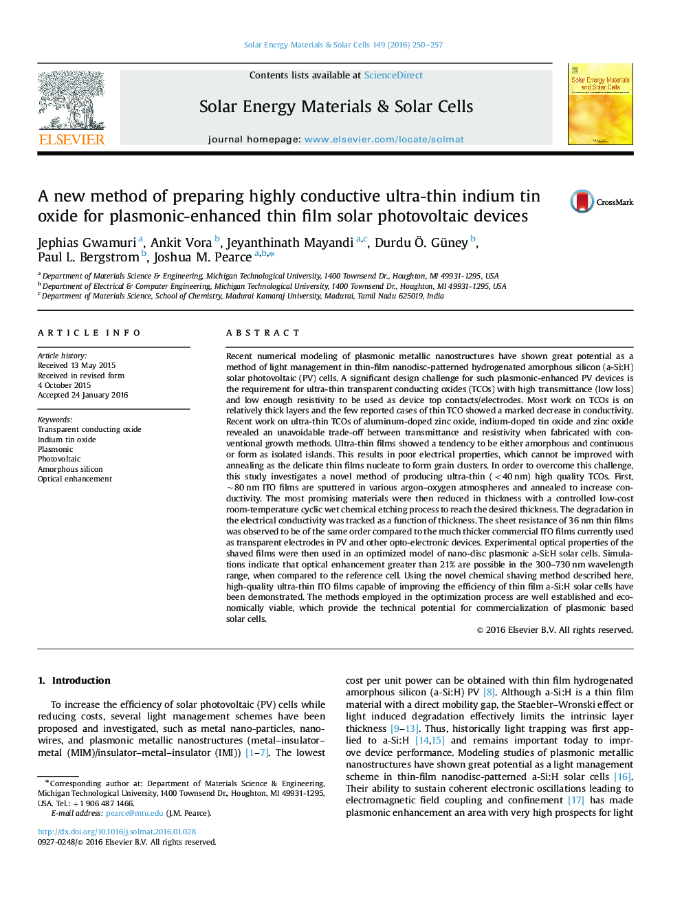 A new method of preparing highly conductive ultra-thin indium tin oxide for plasmonic-enhanced thin film solar photovoltaic devices