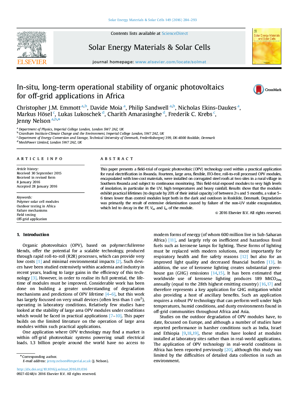 In-situ, long-term operational stability of organic photovoltaics for off-grid applications in Africa