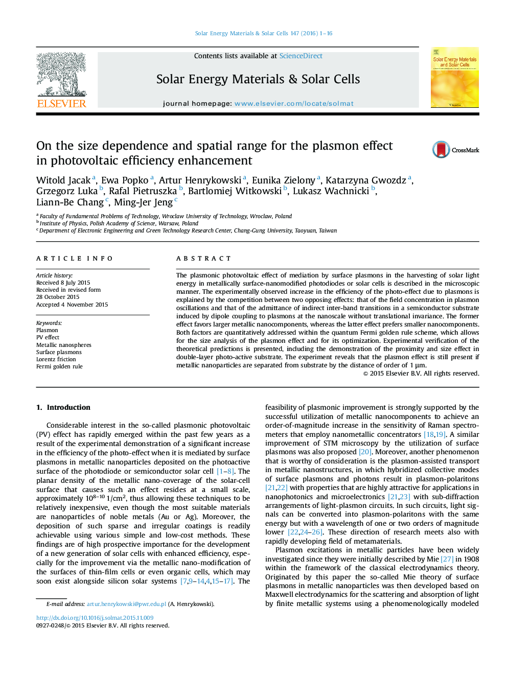 On the size dependence and spatial range for the plasmon effect in photovoltaic efficiency enhancement