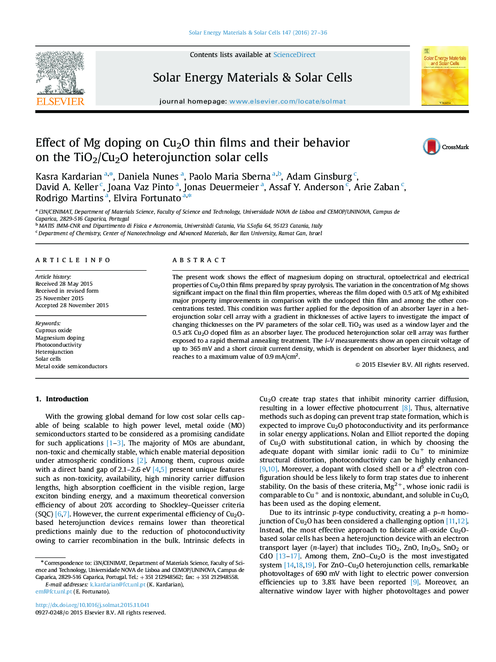 Effect of Mg doping on Cu2O thin films and their behavior on the TiO2/Cu2O heterojunction solar cells