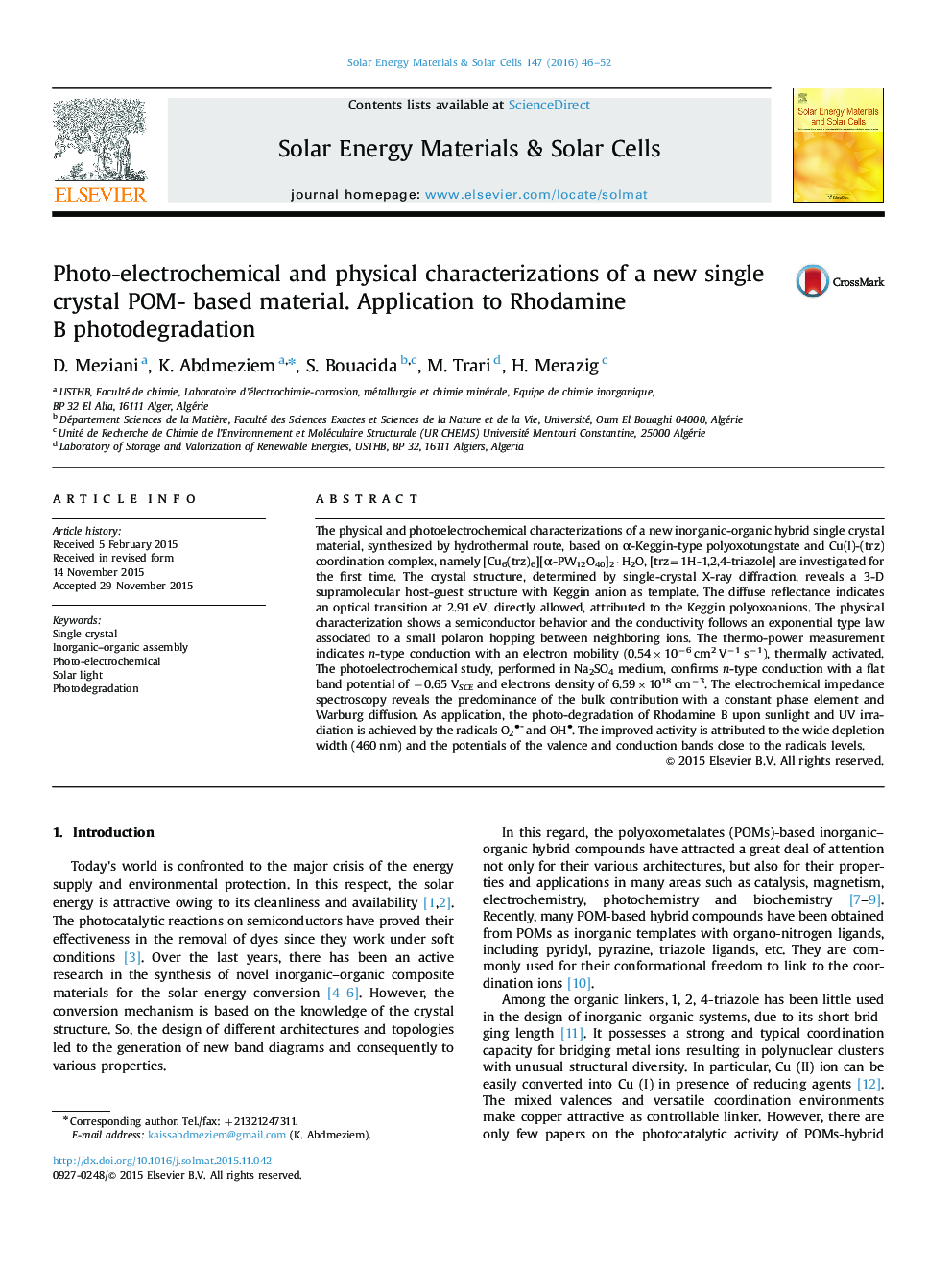Photo-electrochemical and physical characterizations of a new single crystal POM- based material. Application to Rhodamine B photodegradation