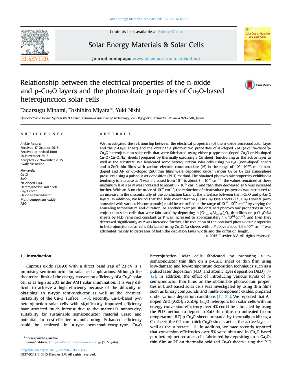 Relationship between the electrical properties of the n-oxide and p-Cu2O layers and the photovoltaic properties of Cu2O-based heterojunction solar cells