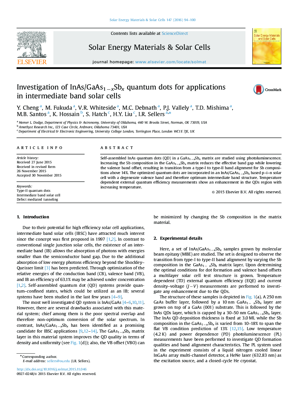 Investigation of InAs/GaAs1âxSbx quantum dots for applications in intermediate band solar cells