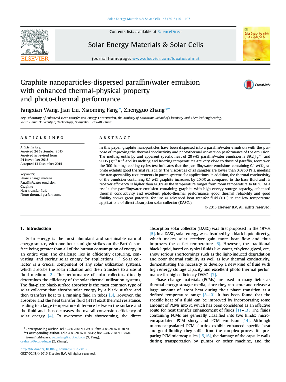 Graphite nanoparticles-dispersed paraffin/water emulsion with enhanced thermal-physical property and photo-thermal performance