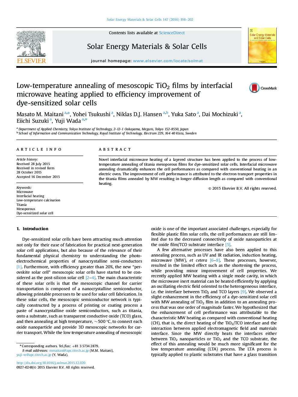 Low-temperature annealing of mesoscopic TiO2 films by interfacial microwave heating applied to efficiency improvement of dye-sensitized solar cells