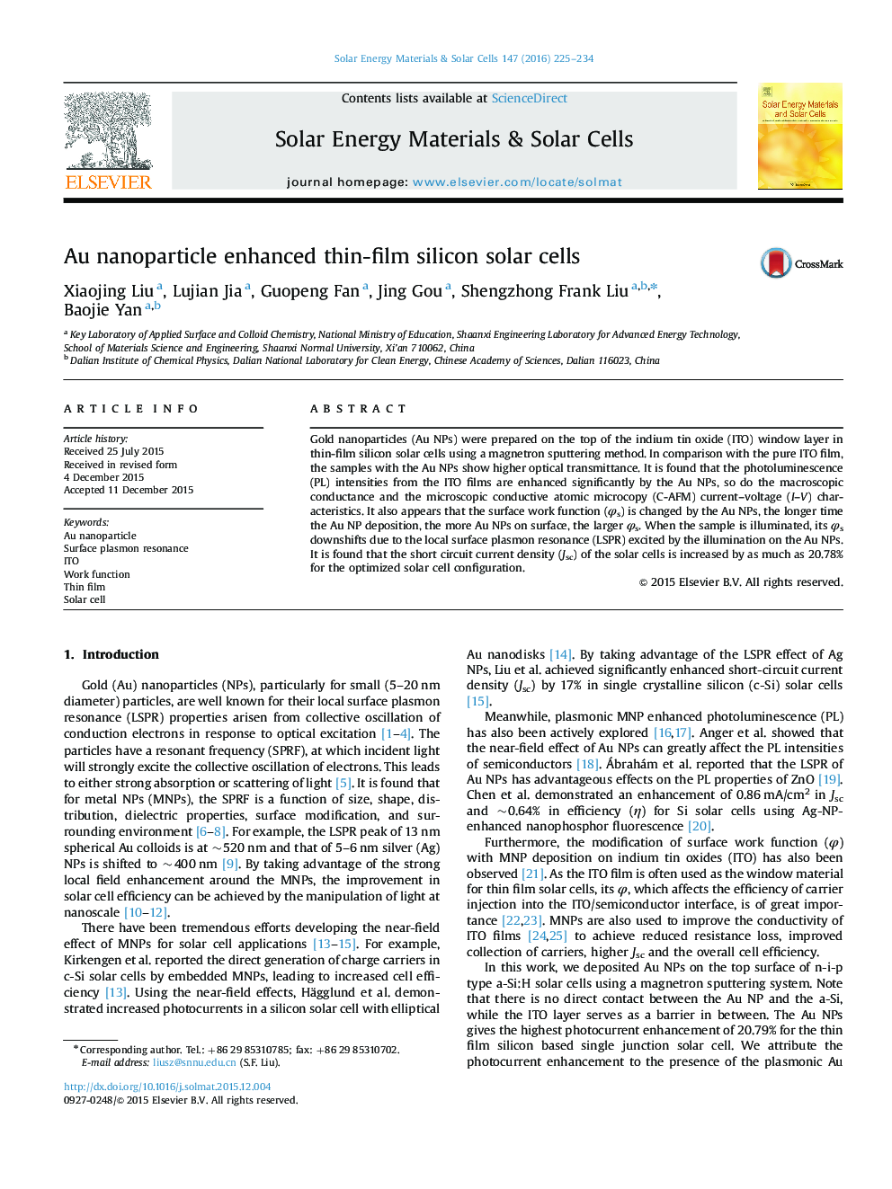 Au nanoparticle enhanced thin-film silicon solar cells