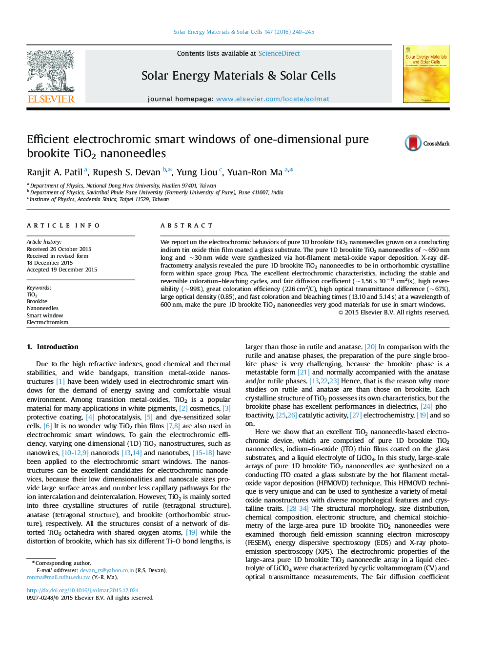 Efficient electrochromic smart windows of one-dimensional pure brookite TiO2 nanoneedles