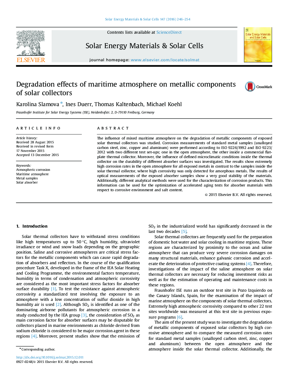 Degradation effects of maritime atmosphere on metallic components of solar collectors