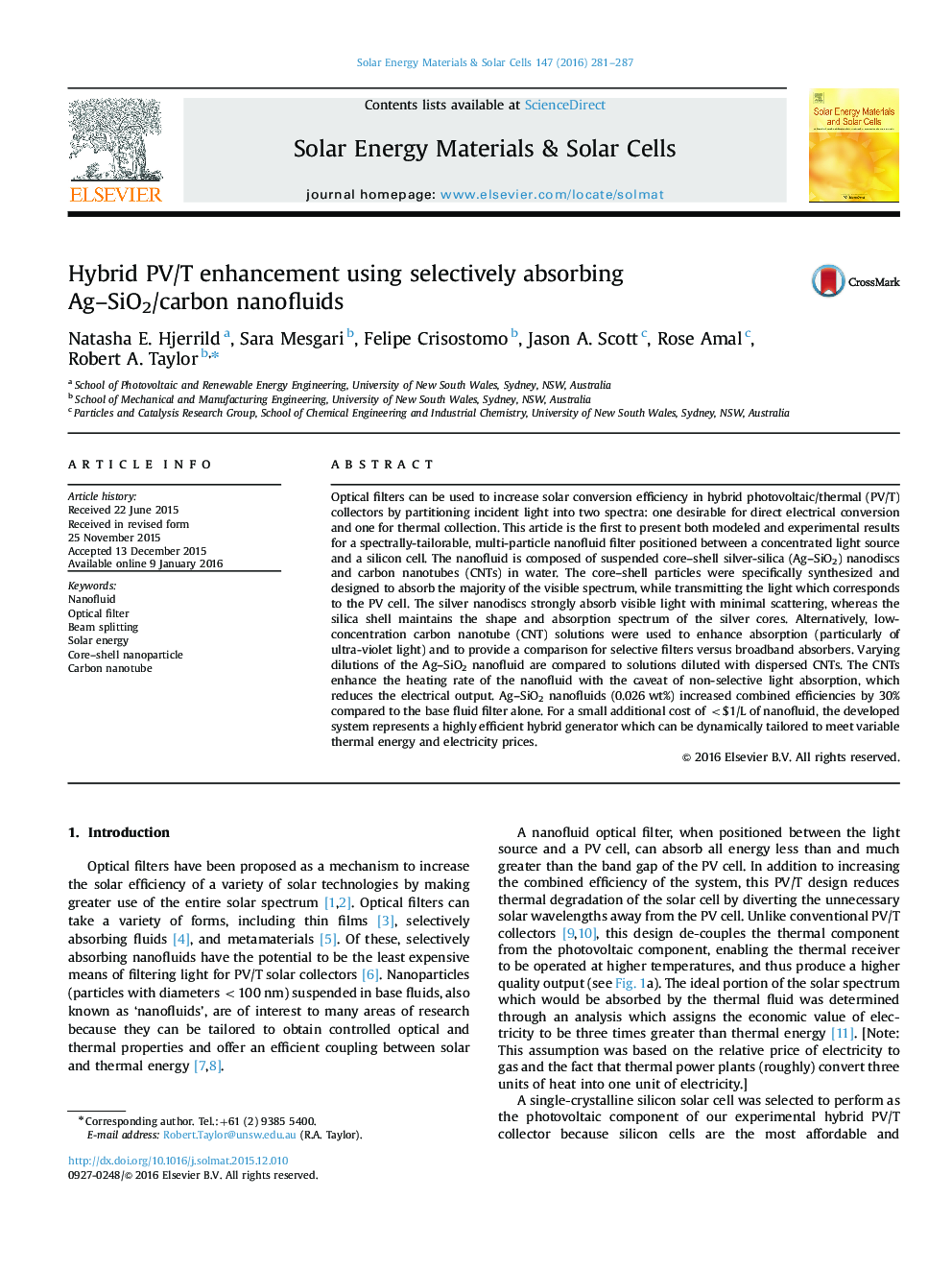 Hybrid PV/T enhancement using selectively absorbing Ag-SiO2/carbon nanofluids