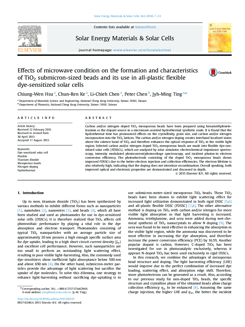 Effects of microwave condition on the formation and characteristics of TiO2 submicron-sized beads and its use in all-plastic flexible dye-sensitized solar cells