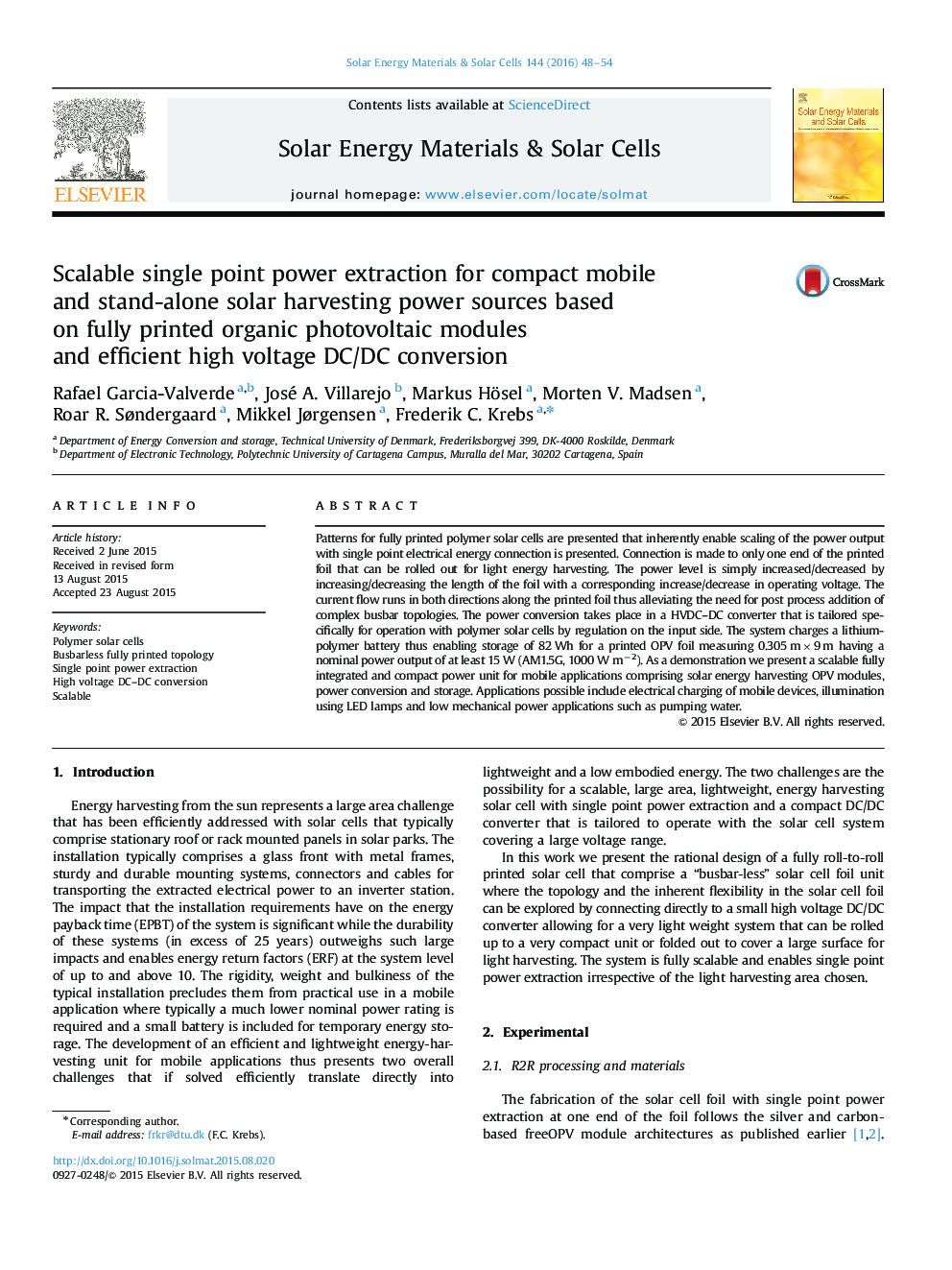 Scalable single point power extraction for compact mobile and stand-alone solar harvesting power sources based on fully printed organic photovoltaic modules and efficient high voltage DC/DC conversion