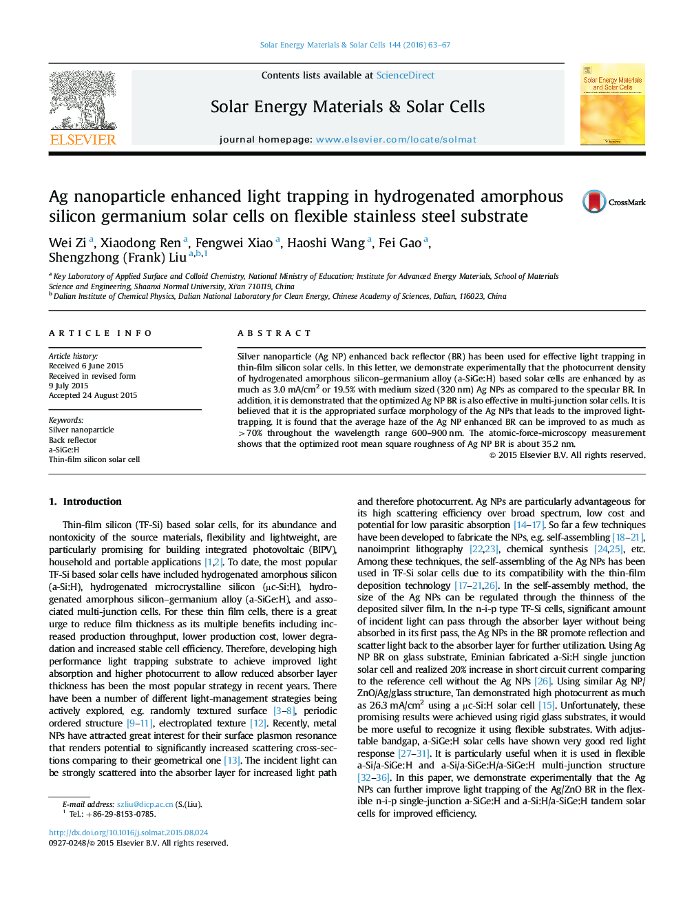 Ag nanoparticle enhanced light trapping in hydrogenated amorphous silicon germanium solar cells on flexible stainless steel substrate