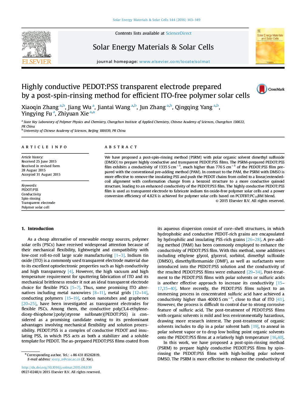 Highly conductive PEDOT:PSS transparent electrode prepared by a post-spin-rinsing method for efficient ITO-free polymer solar cells