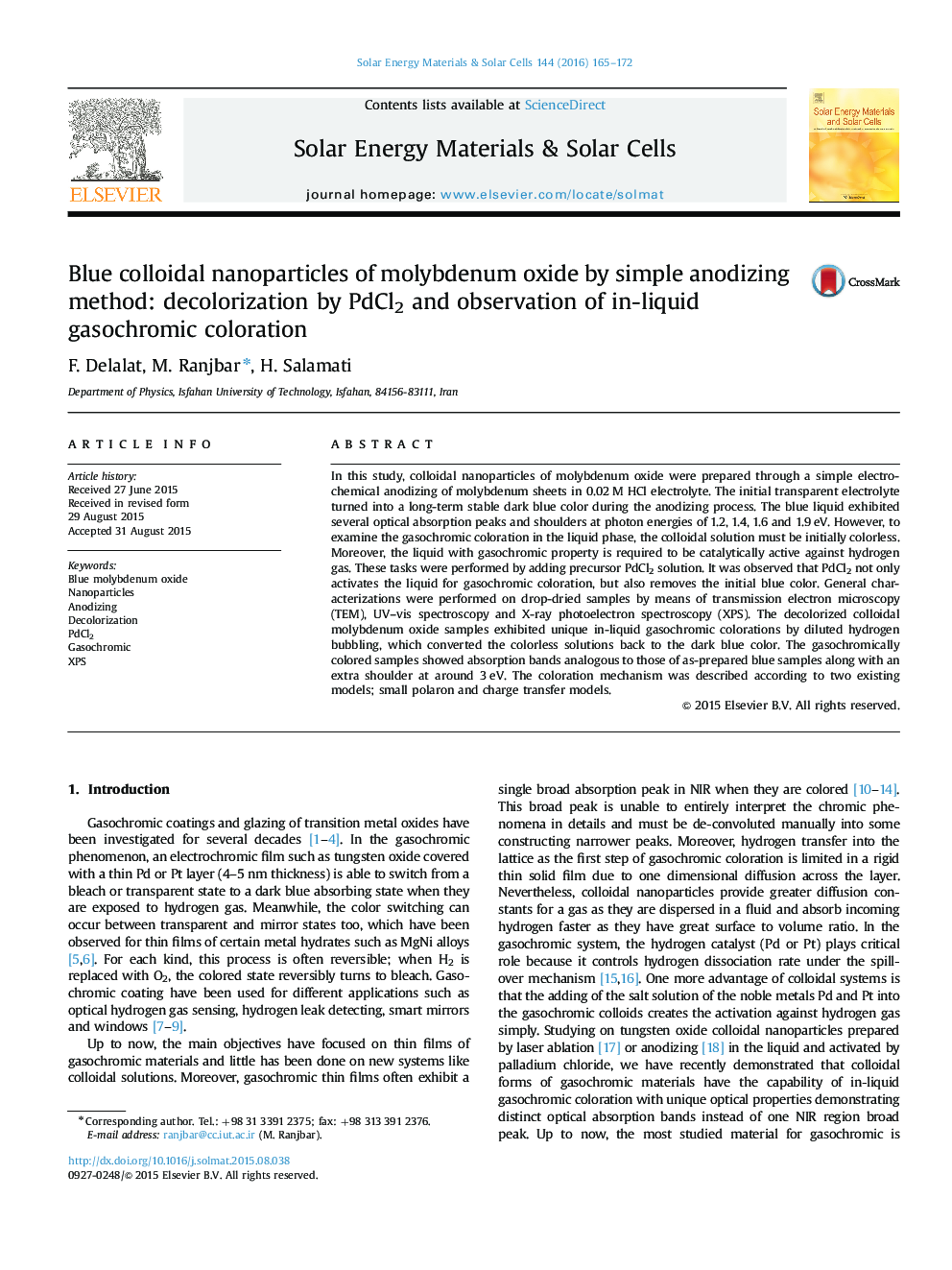 Blue colloidal nanoparticles of molybdenum oxide by simple anodizing method: decolorization by PdCl2 and observation of in-liquid gasochromic coloration