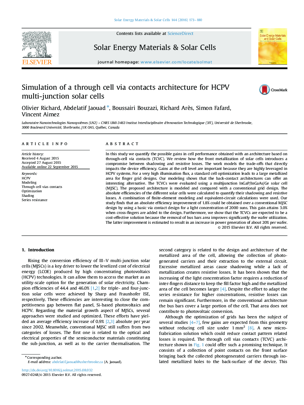 Simulation of a through cell via contacts architecture for HCPV multi-junction solar cells