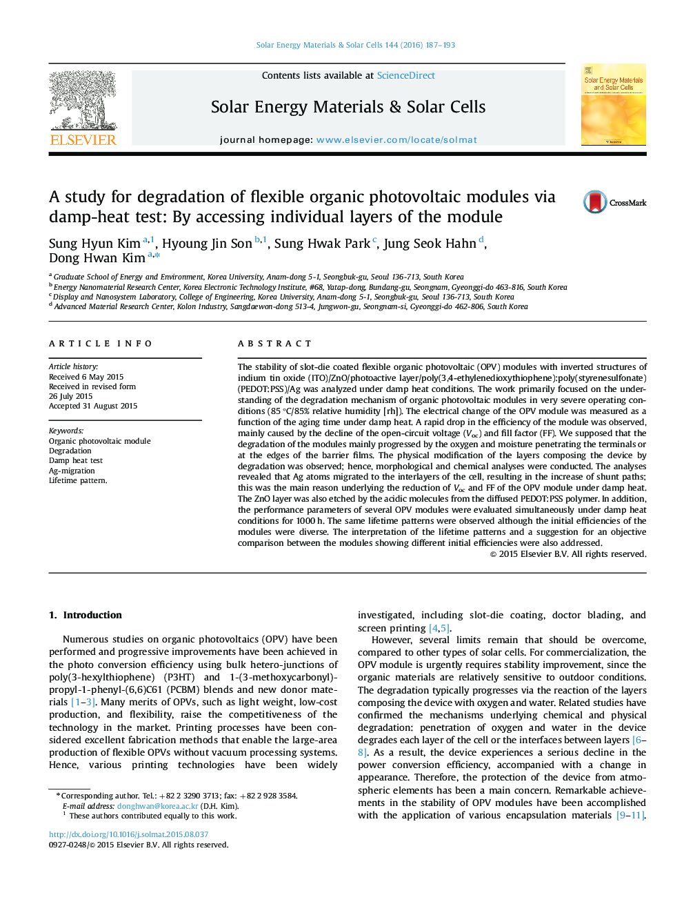 A study for degradation of flexible organic photovoltaic modules via damp-heat test: By accessing individual layers of the module