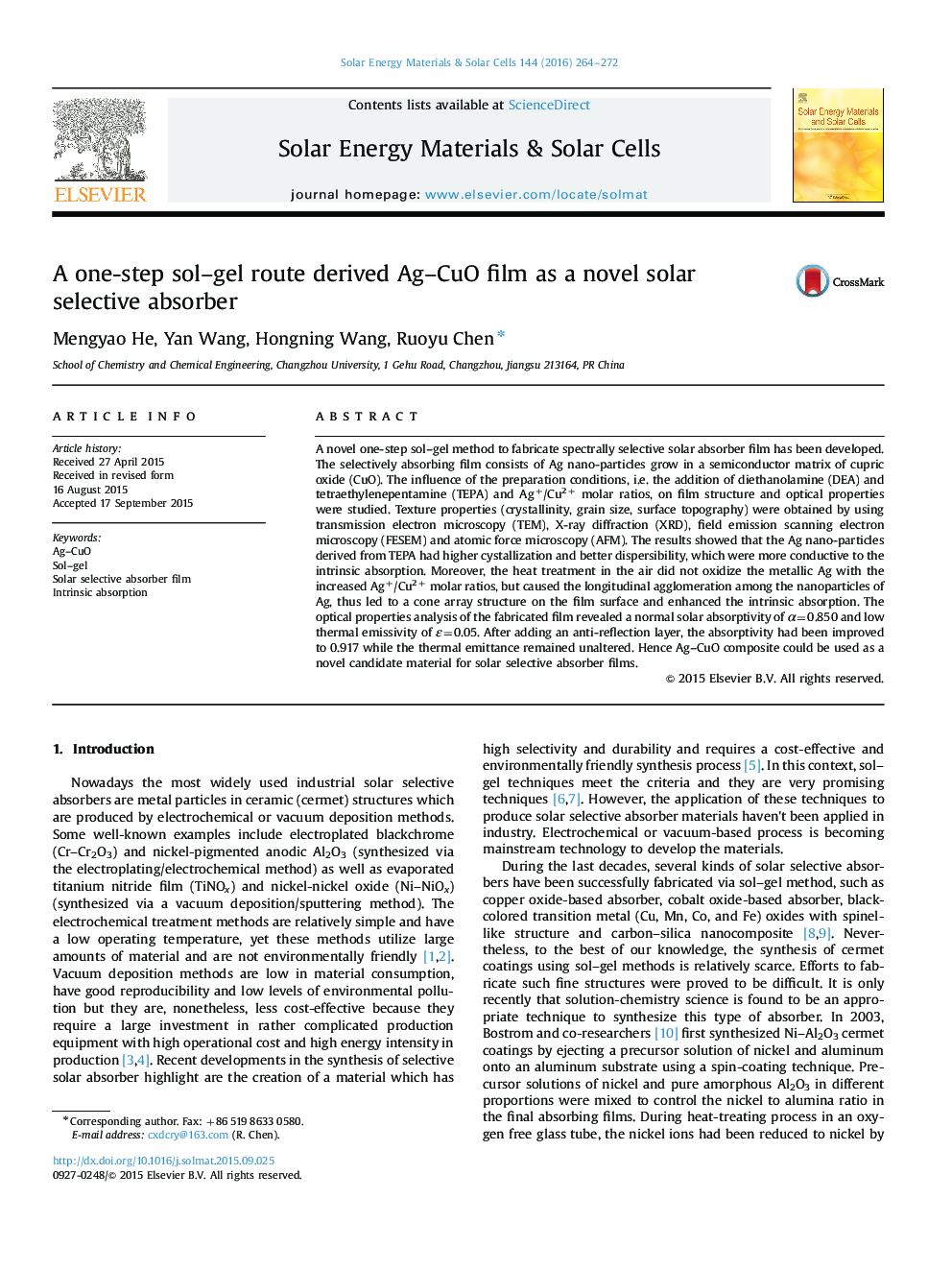 A one-step sol-gel route derived Ag-CuO film as a novel solar selective absorber