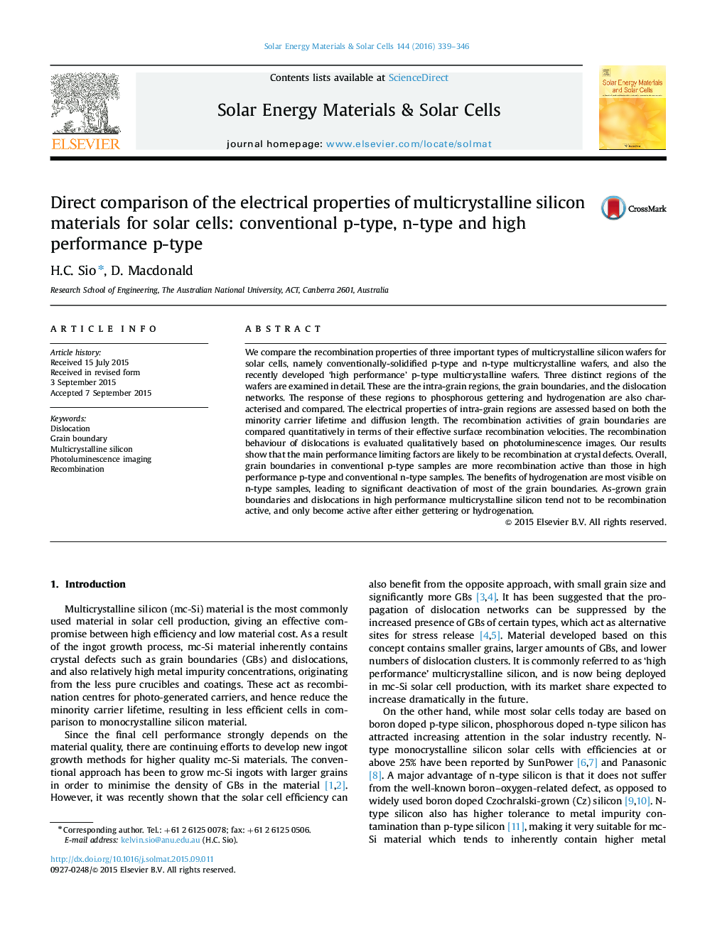 Direct comparison of the electrical properties of multicrystalline silicon materials for solar cells: conventional p-type, n-type and high performance p-type