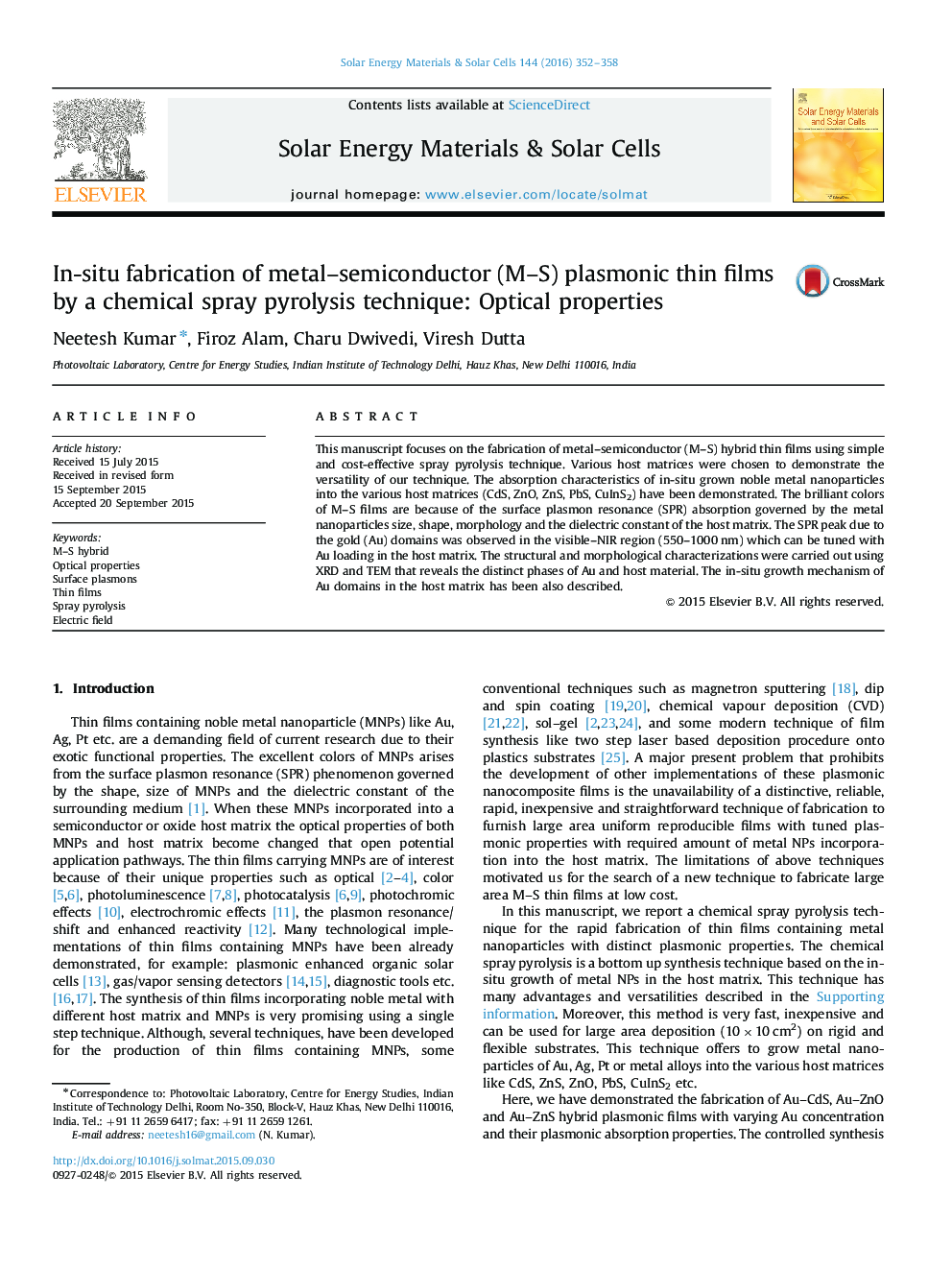 In-situ fabrication of metal-semiconductor (M-S) plasmonic thin films by a chemical spray pyrolysis technique: Optical properties