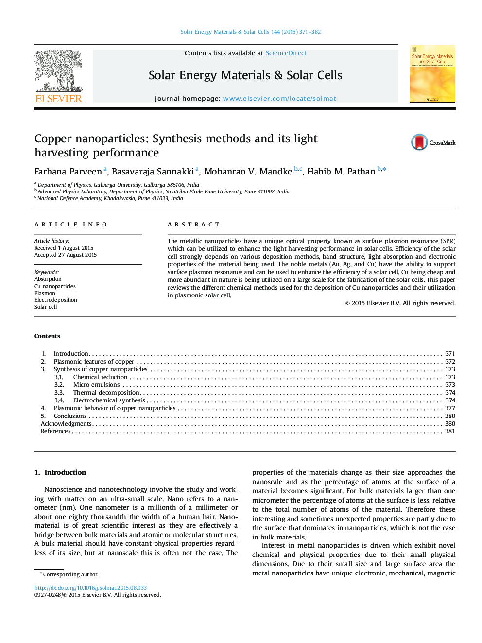 Copper nanoparticles: Synthesis methods and its light harvesting performance