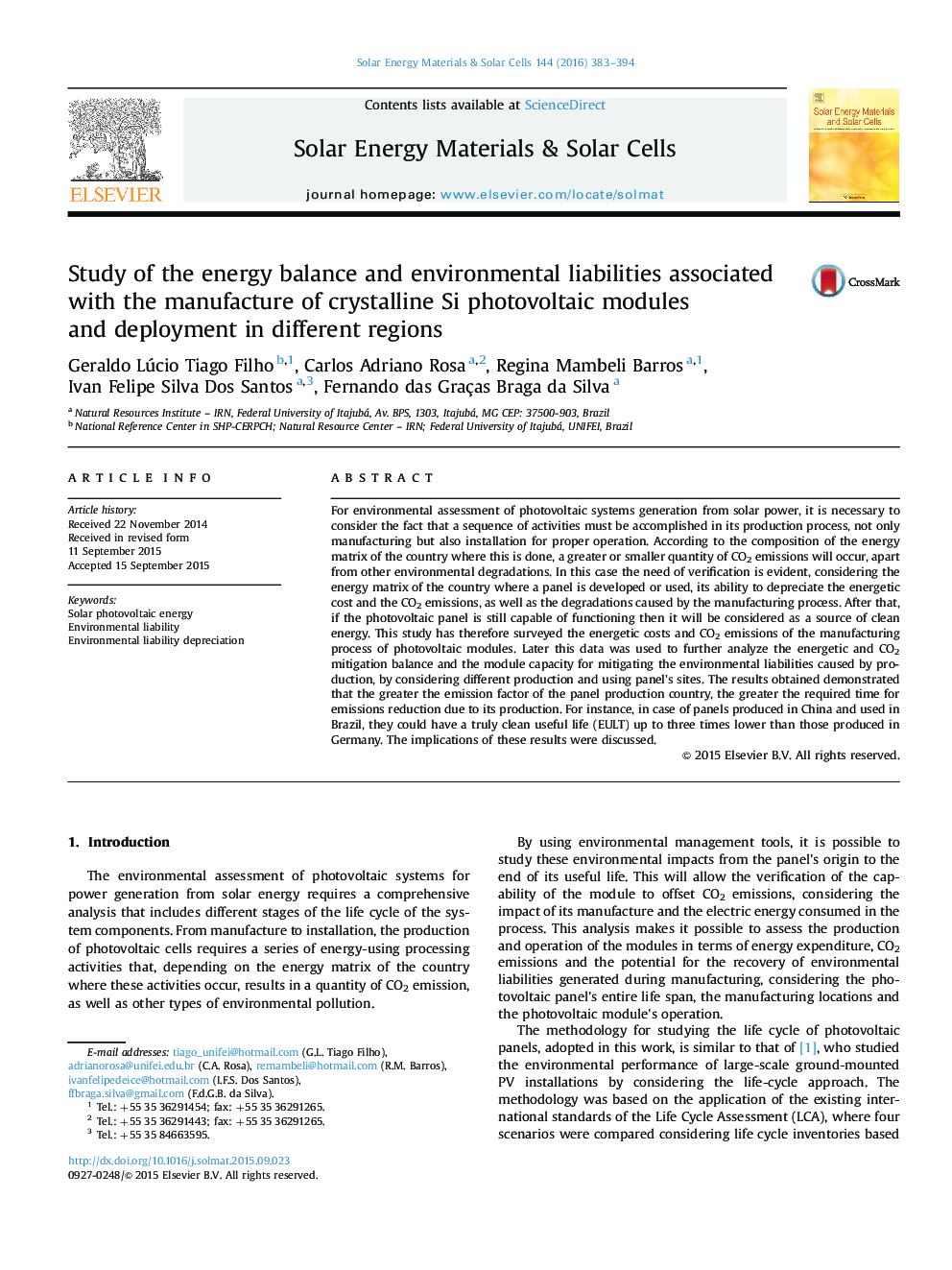 Study of the energy balance and environmental liabilities associated with the manufacture of crystalline Si photovoltaic modules and deployment in different regions