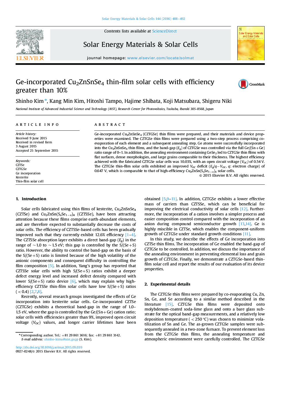 Ge-incorporated Cu2ZnSnSe4 thin-film solar cells with efficiency greater than 10%