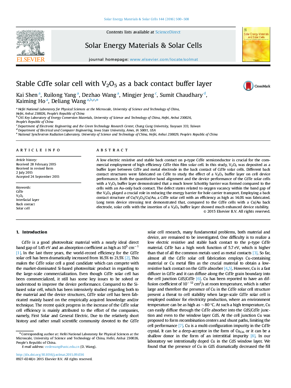 Stable CdTe solar cell with V2O5 as a back contact buffer layer