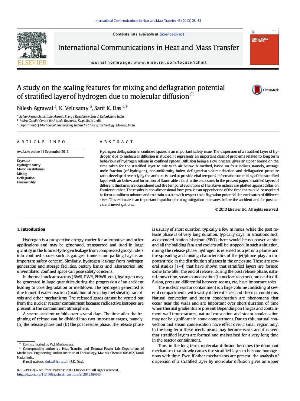 A study on the scaling features for mixing and deflagration potential of stratified layer of hydrogen due to molecular diffusion 