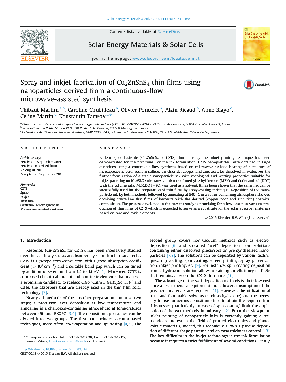 Spray and inkjet fabrication of Cu2ZnSnS4 thin films using nanoparticles derived from a continuous-flow microwave-assisted synthesis