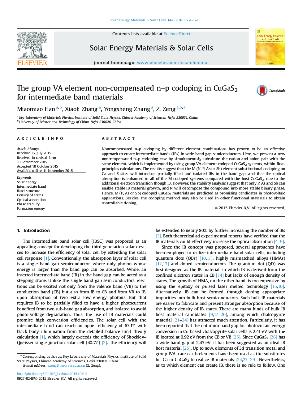 The group VA element non-compensated n-p codoping in CuGaS2 for intermediate band materials