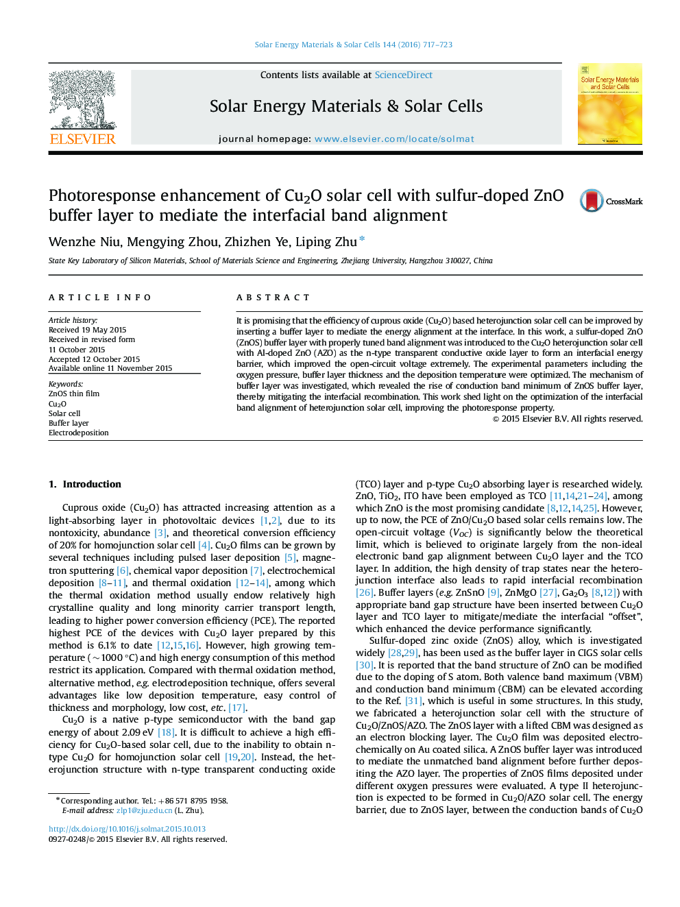 Photoresponse enhancement of Cu2O solar cell with sulfur-doped ZnO buffer layer to mediate the interfacial band alignment