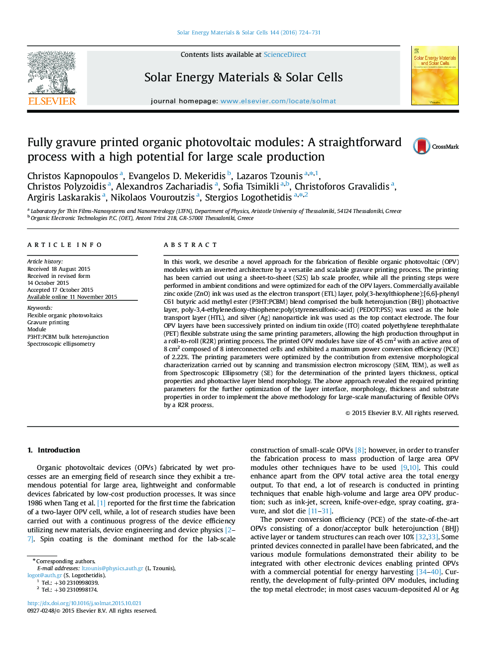 Fully gravure printed organic photovoltaic modules: A straightforward process with a high potential for large scale production