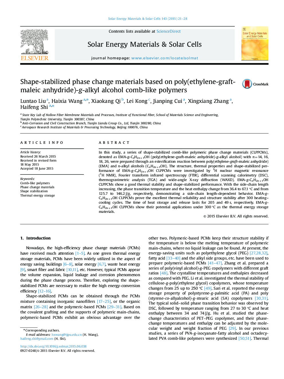 Shape-stabilized phase change materials based on poly(ethylene-graft-maleic anhydride)-g-alkyl alcohol comb-like polymers