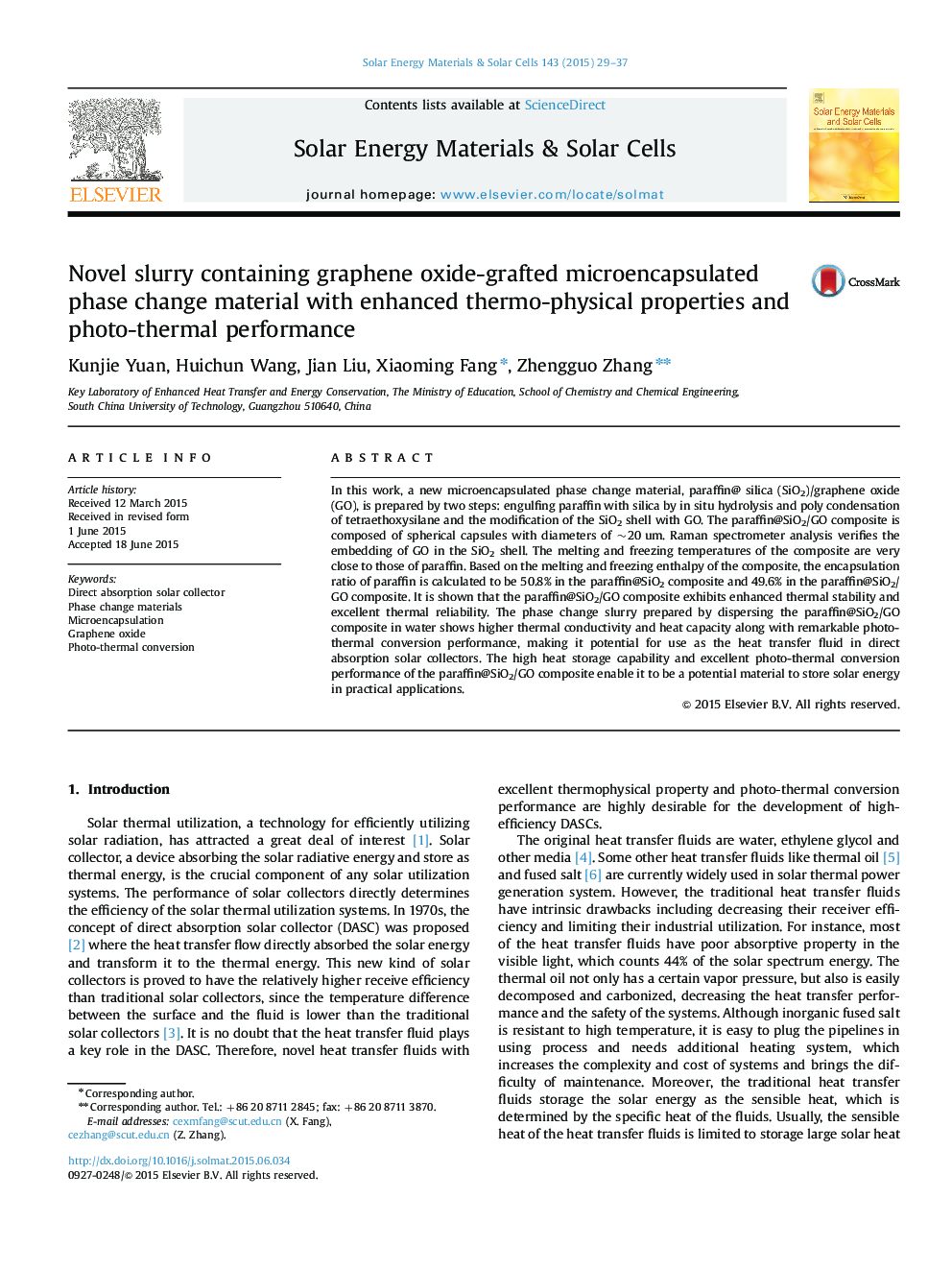 Novel slurry containing graphene oxide-grafted microencapsulated phase change material with enhanced thermo-physical properties and photo-thermal performance