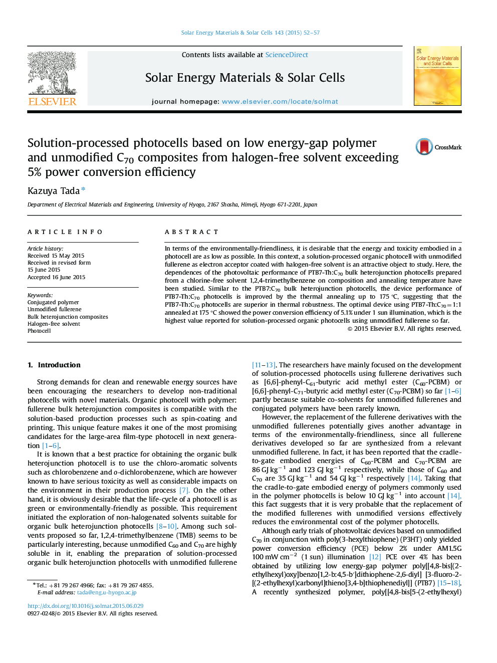 Solution-processed photocells based on low energy-gap polymer and unmodified C70 composites from halogen-free solvent exceeding 5% power conversion efficiency