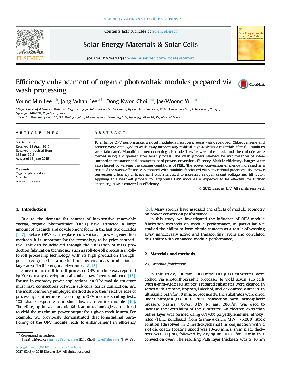 Efficiency enhancement of organic photovoltaic modules prepared via wash processing