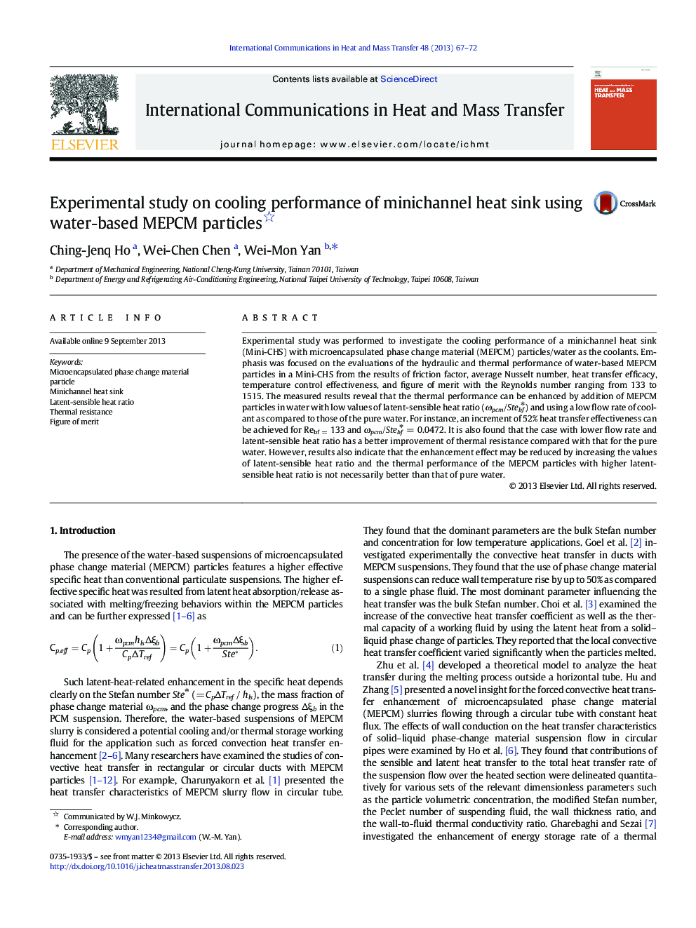 Experimental study on cooling performance of minichannel heat sink using water-based MEPCM particles 