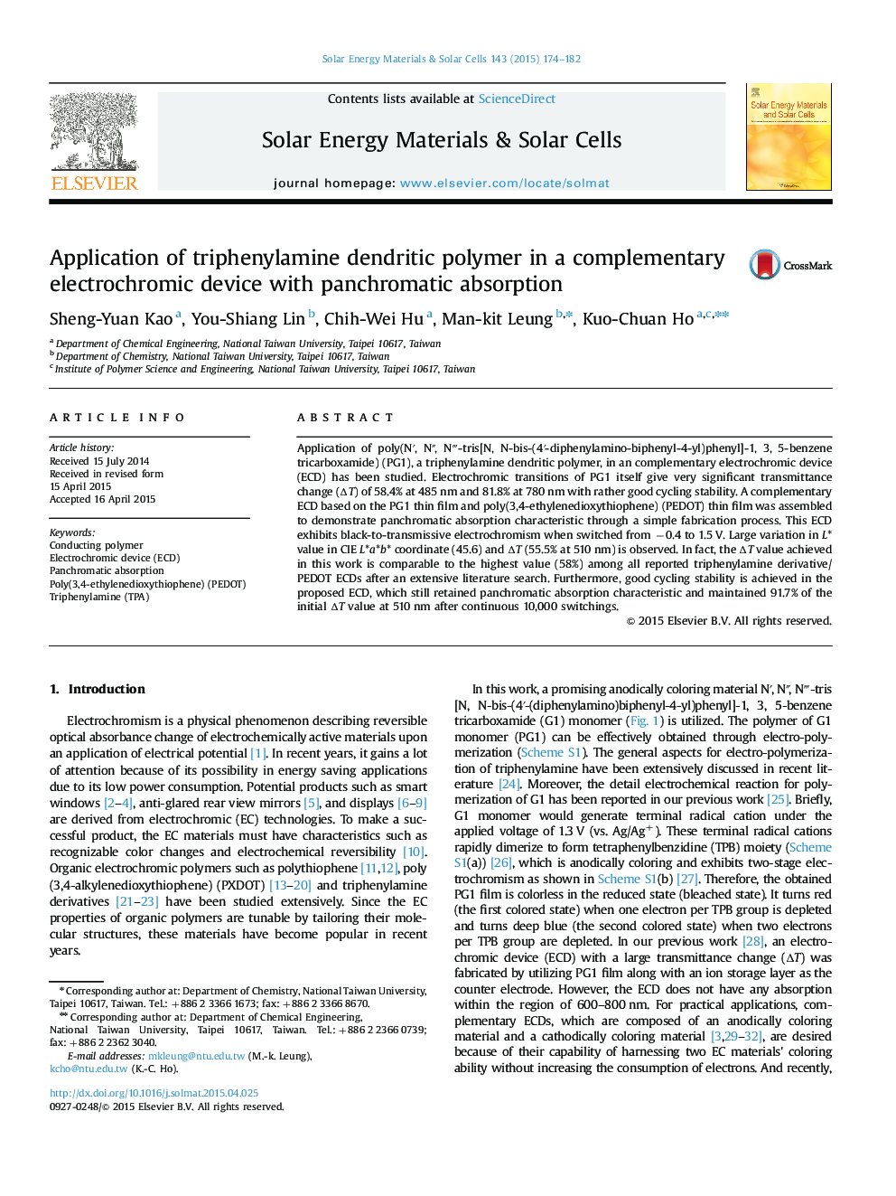 Application of triphenylamine dendritic polymer in a complementary electrochromic device with panchromatic absorption