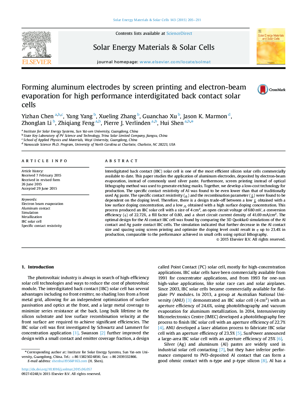 Forming aluminum electrodes by screen printing and electron-beam evaporation for high performance interdigitated back contact solar cells