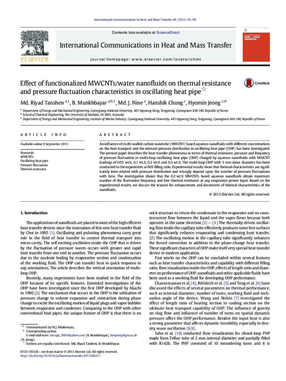 Effect of functionalized MWCNTs/water nanofluids on thermal resistance and pressure fluctuation characteristics in oscillating heat pipe 