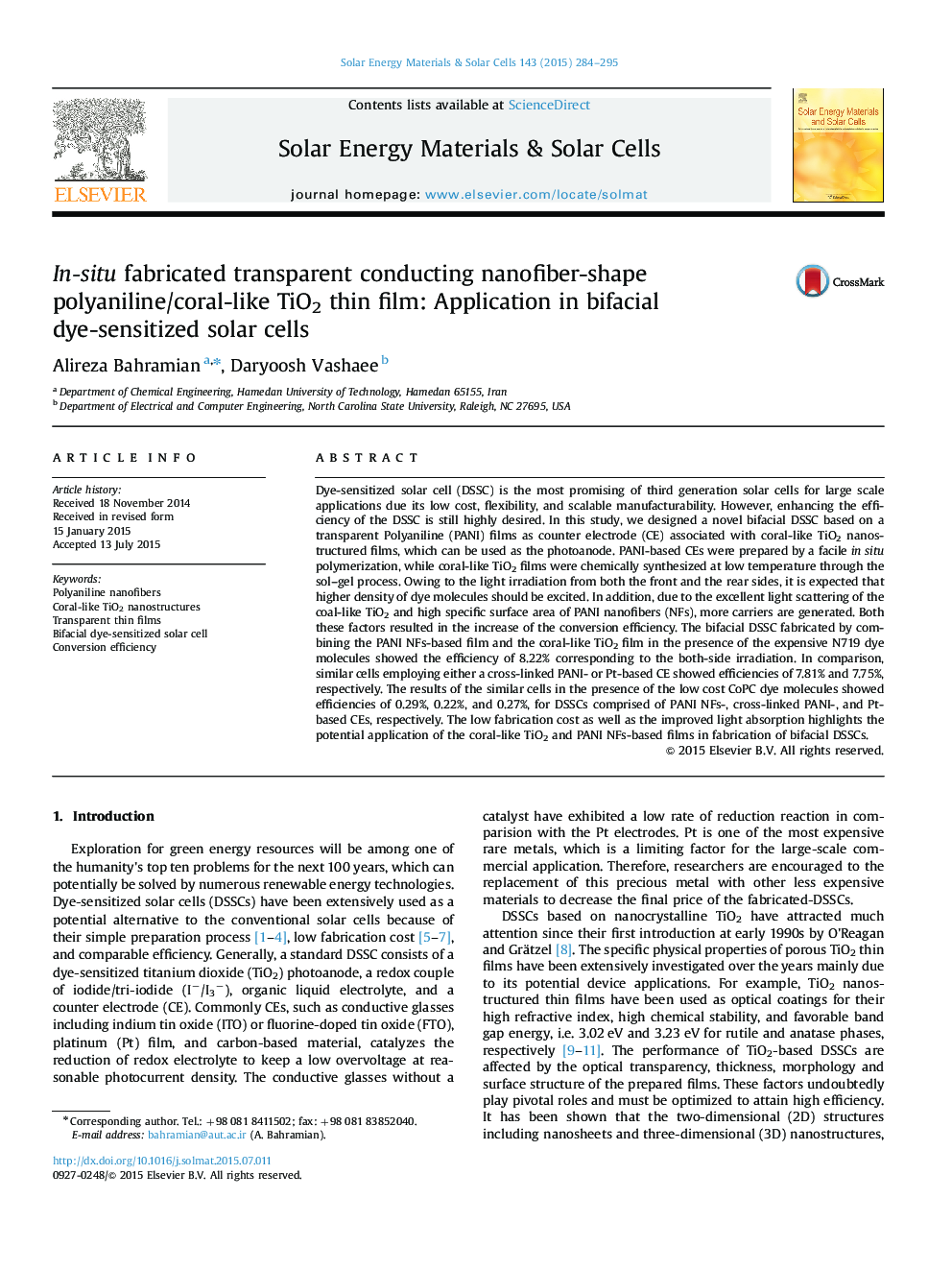 In-situ fabricated transparent conducting nanofiber-shape polyaniline/coral-like TiO2 thin film: Application in bifacial dye-sensitized solar cells