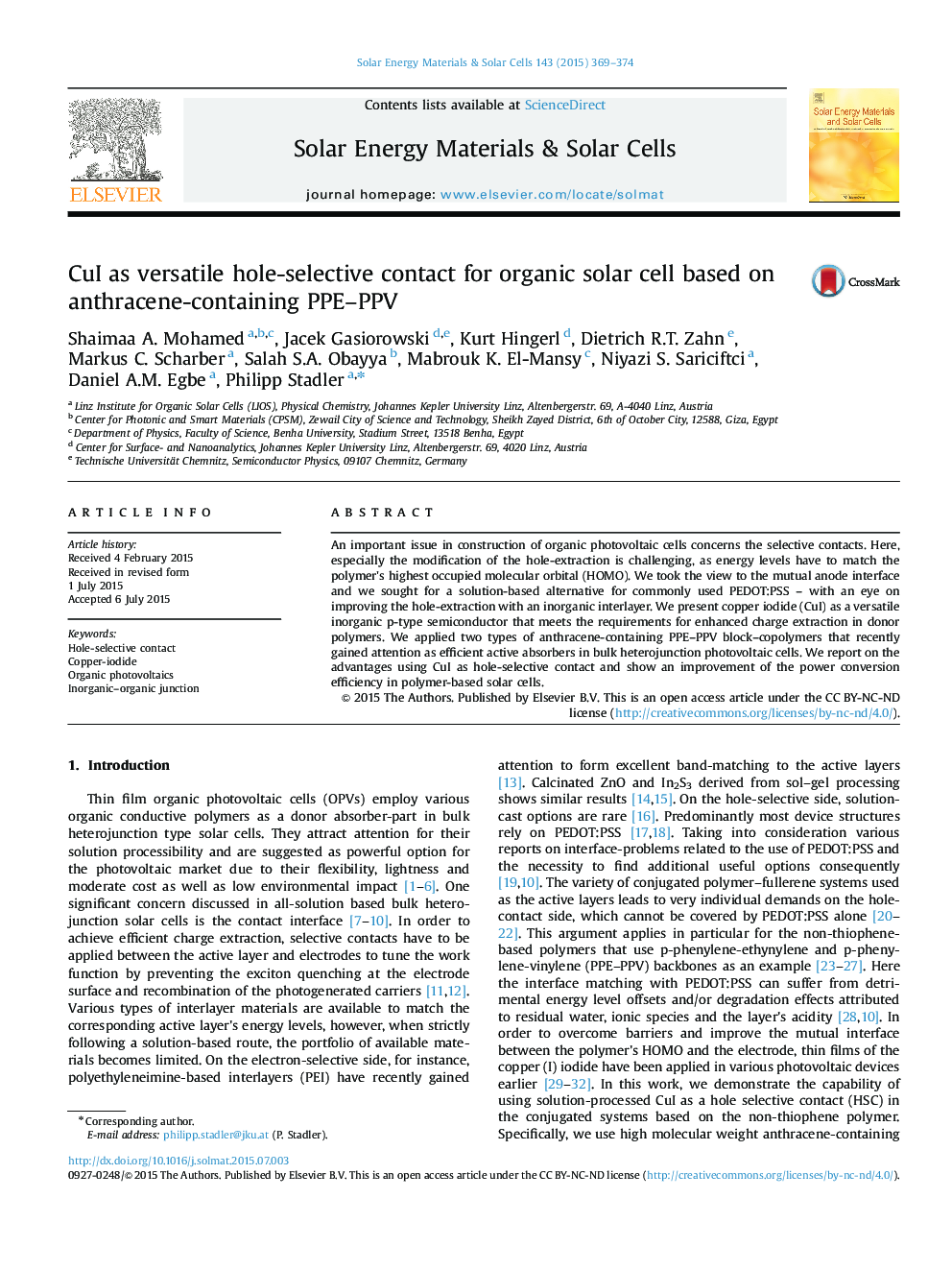 CuI as versatile hole-selective contact for organic solar cell based on anthracene-containing PPE-PPV