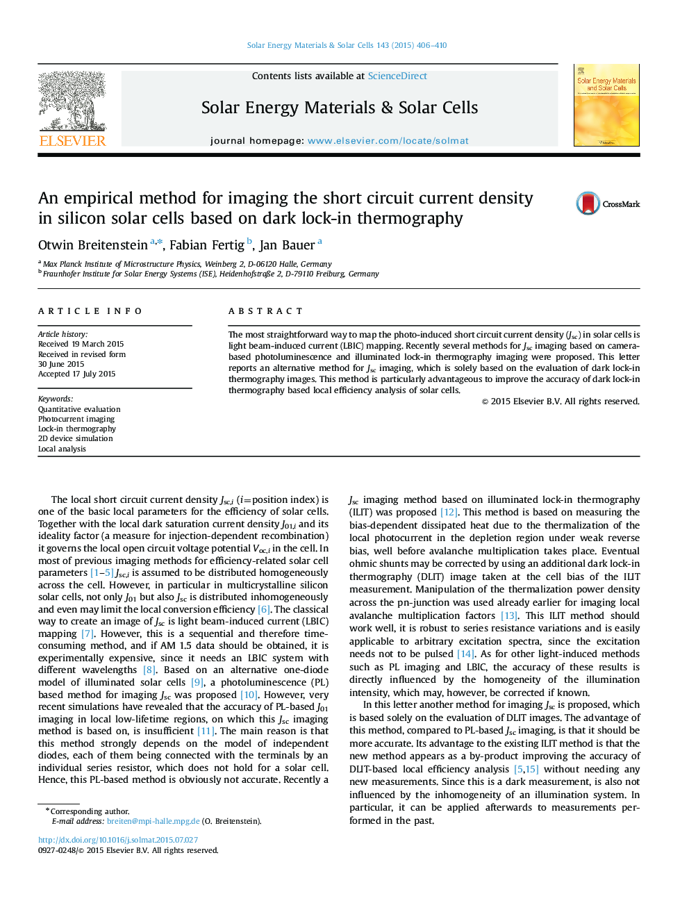 An empirical method for imaging the short circuit current density in silicon solar cells based on dark lock-in thermography