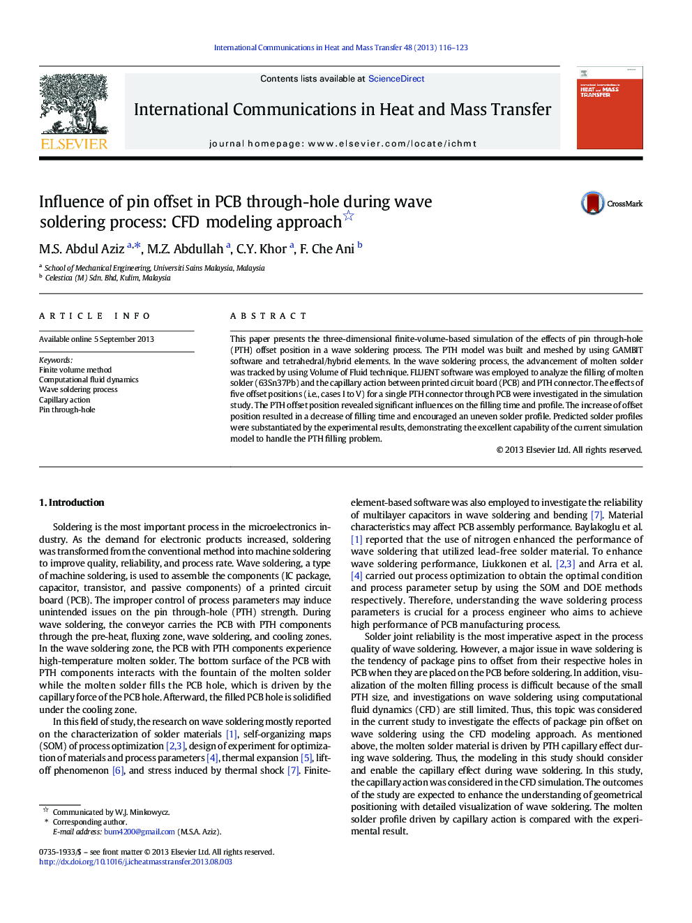 Influence of pin offset in PCB through-hole during wave soldering process: CFD modeling approach 