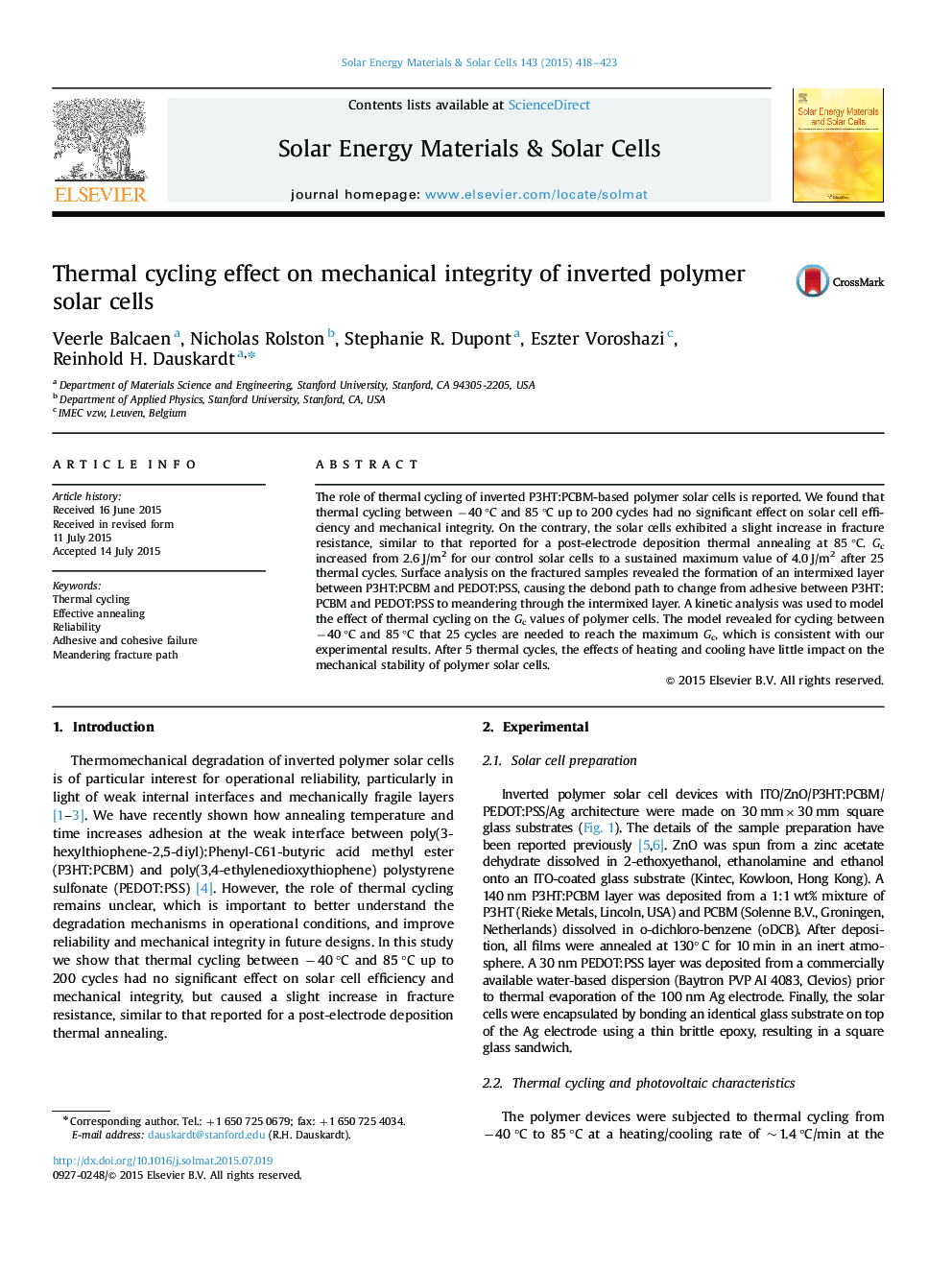 Thermal cycling effect on mechanical integrity of inverted polymer solar cells