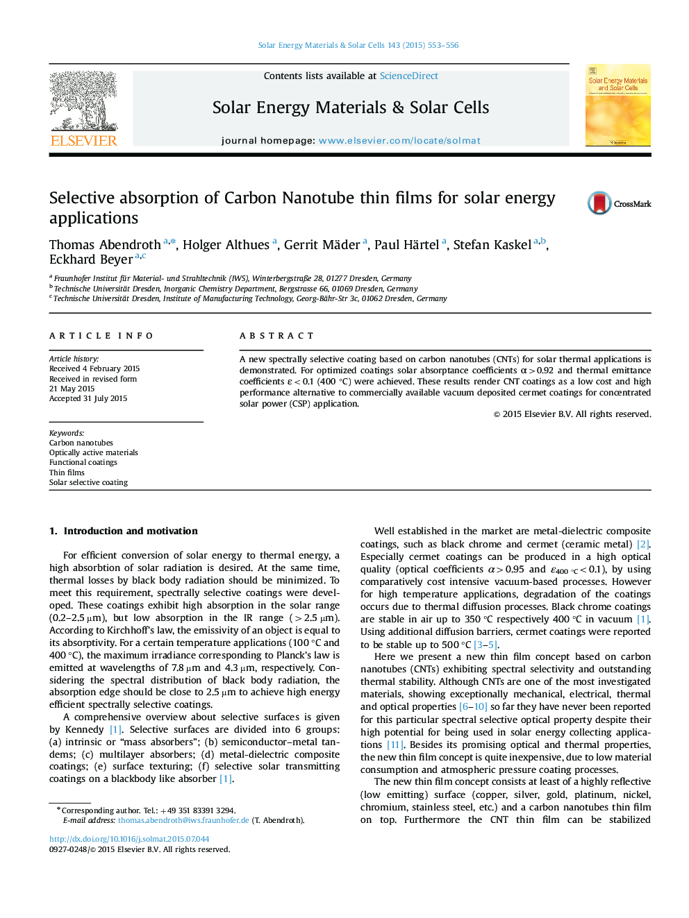 Selective absorption of Carbon Nanotube thin films for solar energy applications