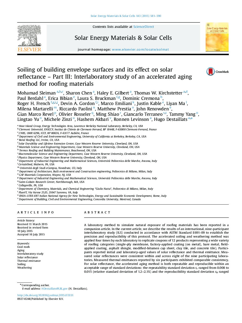 Soiling of building envelope surfaces and its effect on solar reflectance - Part III: Interlaboratory study of an accelerated aging method for roofing materials