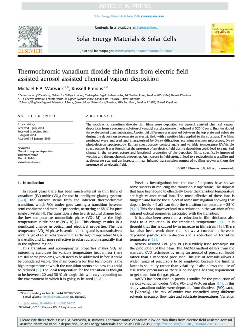 Thermochromic vanadium dioxide thin films from electric field assisted aerosol assisted chemical vapour deposition