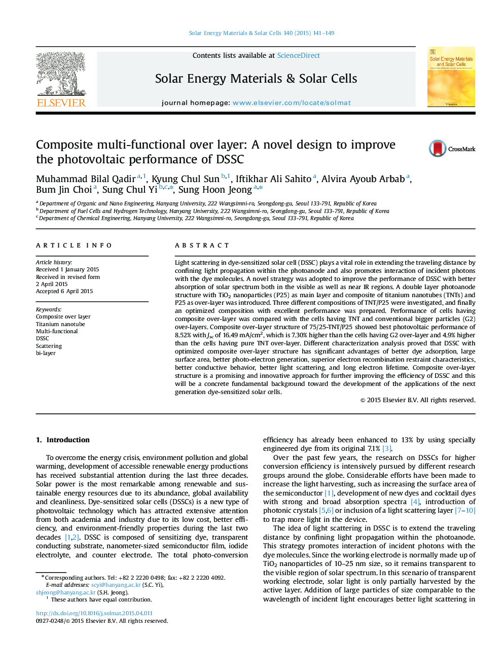 Composite multi-functional over layer: A novel design to improve the photovoltaic performance of DSSC